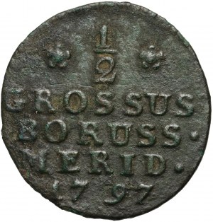 Jižní Prusko, Friedrich Wilhelm II, 1/2 haléře 1797 B, Vratislav - velký monogram, odlišné uspořádání figur v dataci