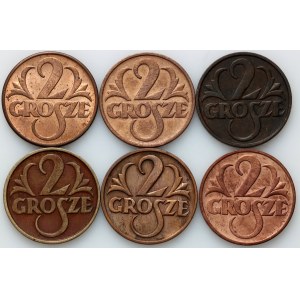 II RP, zestaw monet 2 grosze z lat 1927-1939, (6 sztuk)