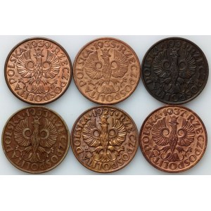 II RP, zestaw monet 2 grosze z lat 1927-1939, (6 sztuk)
