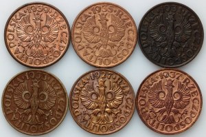 II RP, zestaw monet 2 grosze z lat 1927-1939, (6 sztuk)