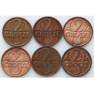 II RP, zestaw monet 2 grosze z lat 1925-1938, (6 sztuk)
