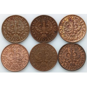 II RP, zestaw monet 2 grosze z lat 1925-1938, (6 sztuk)