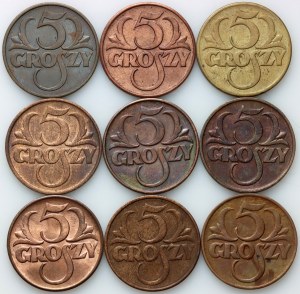 II RP, zestaw 5 groszy z lat 1923-1939, (9 sztuk)