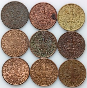 II RP, serie di 5 penny del 1923-1939, (9 pezzi)