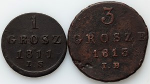 Księstwo Warszawskie, Fryderyk August I, zestaw grosz 1811 IS, 3 grosze 1813 IB, Warszawa