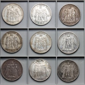 France, 5 francs, Hercules -set of 9 pieces