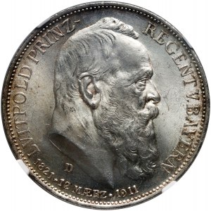 Germany, Bavaria, 3 Mark 1911 D, Munich, 90th Birthday of Prince Regent Luitpold
