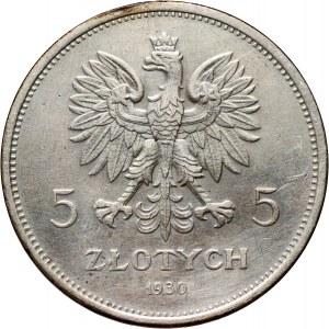 II RP, 5 zloty 1930, Varsavia, Stendardo, francobollo poco profondo