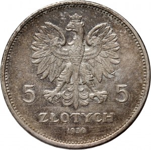 II RP, 5 zloty 1930, Varsavia, Stendardo, francobollo poco profondo