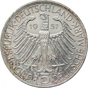 Allemagne, RFA, 5 Marks 1957 J, Hambourg, Joseph von Eichendorff