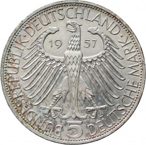 Germany, West Germany, 5 Mark 1957 J, Hamburg, Joseph von Eichendorff