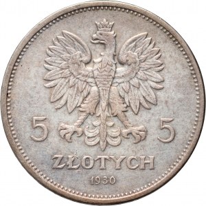 II RP, 5 Zloty 1930, Warschau, Banner, flacher Stempel