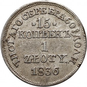 Russische Teilung, Nikolaus I., 15 Kopeken = 1 Zloty 1836 MW, Warschau - Schwanz des Adlers mit 7 Federn