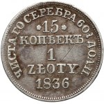Zabór rosyjski, Mikołaj I, 15 kopiejek = 1 złoty 1836 MW, Warszawa - większe cyfry daty, ogon orła z 7 piórami