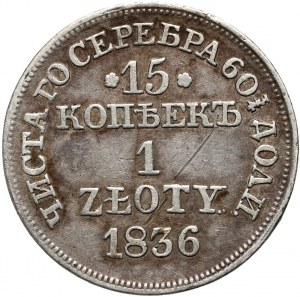Russische Teilung, Nikolaus I., 15 Kopeken = 1 Zloty 1836 MW, Warschau - größere Datumsziffern, Schwanz des Adlers mit 7 Federn