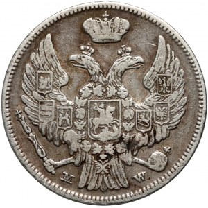 Ruské dělení, Mikuláš I., 15 kopějek = 1 zlotý 1836 MW, Varšava - větší číslice s datem, ocas orla se 7 pery