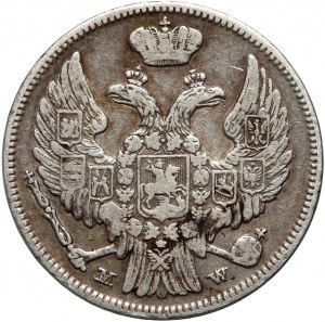 Partition russe, Nicolas Ier, 15 kopecks = 1 zloty 1836 MW, Varsovie - chiffres de la date plus grands, queue de l'aigle avec 7 plumes