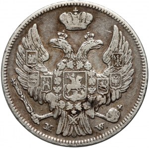 Ruské dělení, Mikuláš I., 15 kopějek = 1 zlotý 1836 MW, Varšava - větší číslice s datem, ocas orla se 7 pery
