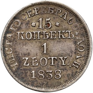 Partage russe, Nicolas Ier, 15 kopecks = 1 zloty 1838 MW, Varsovie - pas de point après la date