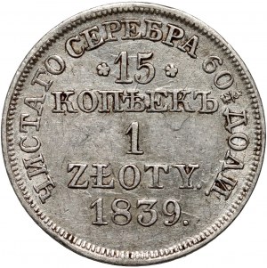 Zabór rosyjski, Mikołaj I, 15 kopiejek = 1 złoty 1839 MW, Warszawa - kropka po dacie