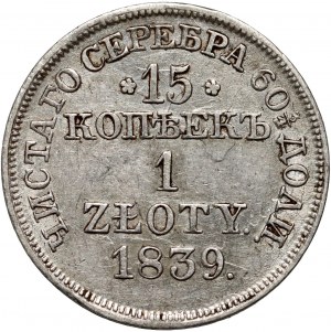 Russische Teilung, Nikolaus I., 15 Kopeken = 1 Zloty 1839 MW, Warschau - Punkt nach dem Datum