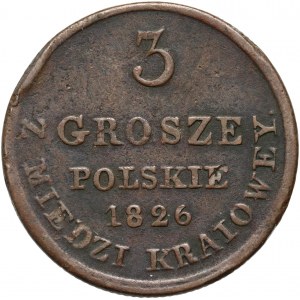 Królestwo Kongresowe, Mikołaj I, 3 grosze z miedzi krajowej 1826 IB, Warszawa - inny kształt cyfry 3