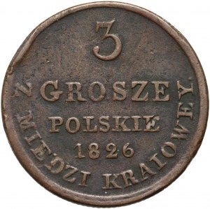 Królestwo Kongresowe, Mikołaj I, 3 grosze z miedzi krajowej 1826 IB, Warszawa - inny kształt cyfry 3