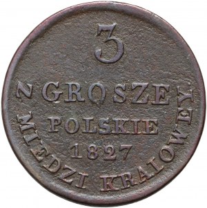 Royaume du Congrès, Nicolas Ier, 3 pennies domestiques en cuivre 1827 IB, Varsovie