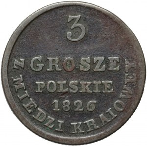 Royaume du Congrès, Nicolas Ier, 3 pièces nationales en cuivre 1826 IB, Varsovie - forme différente du chiffre 6