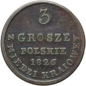 Kongresové kráľovstvo, Mikuláš I., 3 národné medené groše 1826 IB, Varšava - iný tvar číslice 6