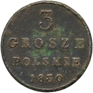 Kongresové kráľovstvo, Mikuláš I., 3 poľské groše 1830 FH, Varšava - číslice v dátume sú úzko rozmiestnené