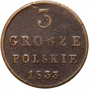 Kongresové kráľovstvo, Mikuláš I., 3 Polish grosze 1833 KG, Warsaw