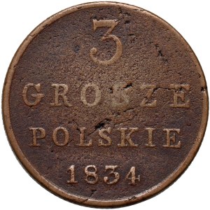 Królestwo Kongresowe, Mikołaj I, 3 grosze polskie 1834 KG, Warszawa