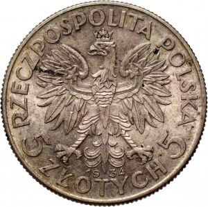 II RP, 5 Zloty 1934, Warschau, Kopf einer Frau