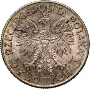 II RP, 5 zloty 1934, Varsavia, testa di donna