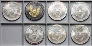 USA, 1 dolar, americký stříbrný orel - sada 7 kusů, barva