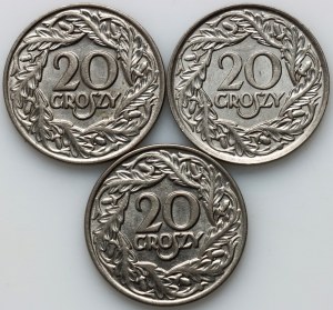II RP, sada mincí 20 grošov 1923, (3 kusy)