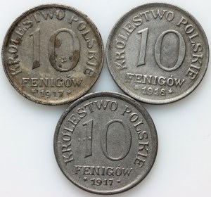 Royaume de Pologne, ensemble de 10 fenigs de 1917-1918, (3 pièces)
