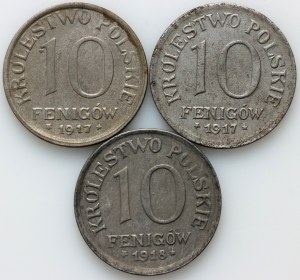 Kingdom of Poland, set of 10 fenigs from 1917-1918, (3 pieces)