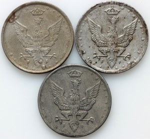 Royaume de Pologne, ensemble de 10 fenigs de 1917-1918, (3 pièces)