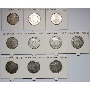 Rakúsko, 19. storočie, 20 krajcars, sada 10 mincí