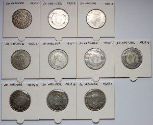 Austria, 19th century, 20 Kreuzer, set of 10 coins