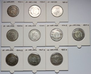 Rakúsko, 19. storočie, 20 krajcars, sada 10 mincí