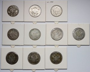 Rakousko, 19. století, 20 krajcarů, sada 10 mincí