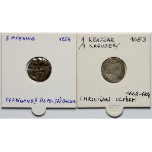 Sliezsko, Greszel 1624 (Wrocław) a Krajcar 1683 (Olesnica), sada 2 mincí