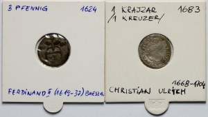 Sliezsko, Greszel 1624 (Wrocław) a Krajcar 1683 (Olesnica), sada 2 mincí