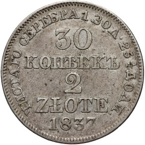 Russische Teilung, Nikolaus I., 30 Kopeken = 2 Zloty 1837 MW, Warschau - gerader Adlerschwanz
