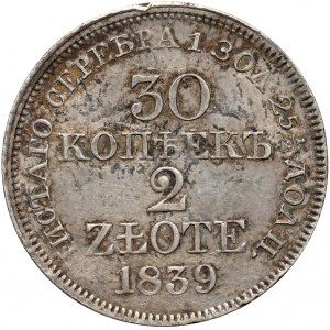 Russische Teilung, Nikolaus I., 30 Kopeken = 2 Zloty 1839 MW, Warschau - gerader Adlerschwanz