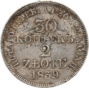 Partition russe, Nicolas Ier, 30 kopecks = 2 zlotys 1839 MW, Varsovie - queue d'aigle droite