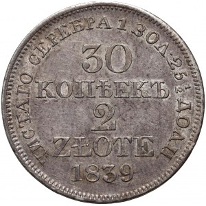 Russische Teilung, Nikolaus I., 30 Kopeken = 2 Zloty 1839 MW, Warschau - Schwanz des Adlers gerade, längere mittlere Feder
